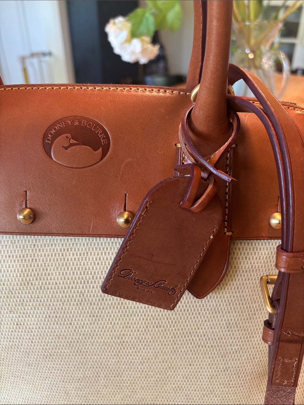 Dooney & Bourke Brown Leather & Cream Canvas Satchel with Adjustable Strap - Picture 2 of 11
